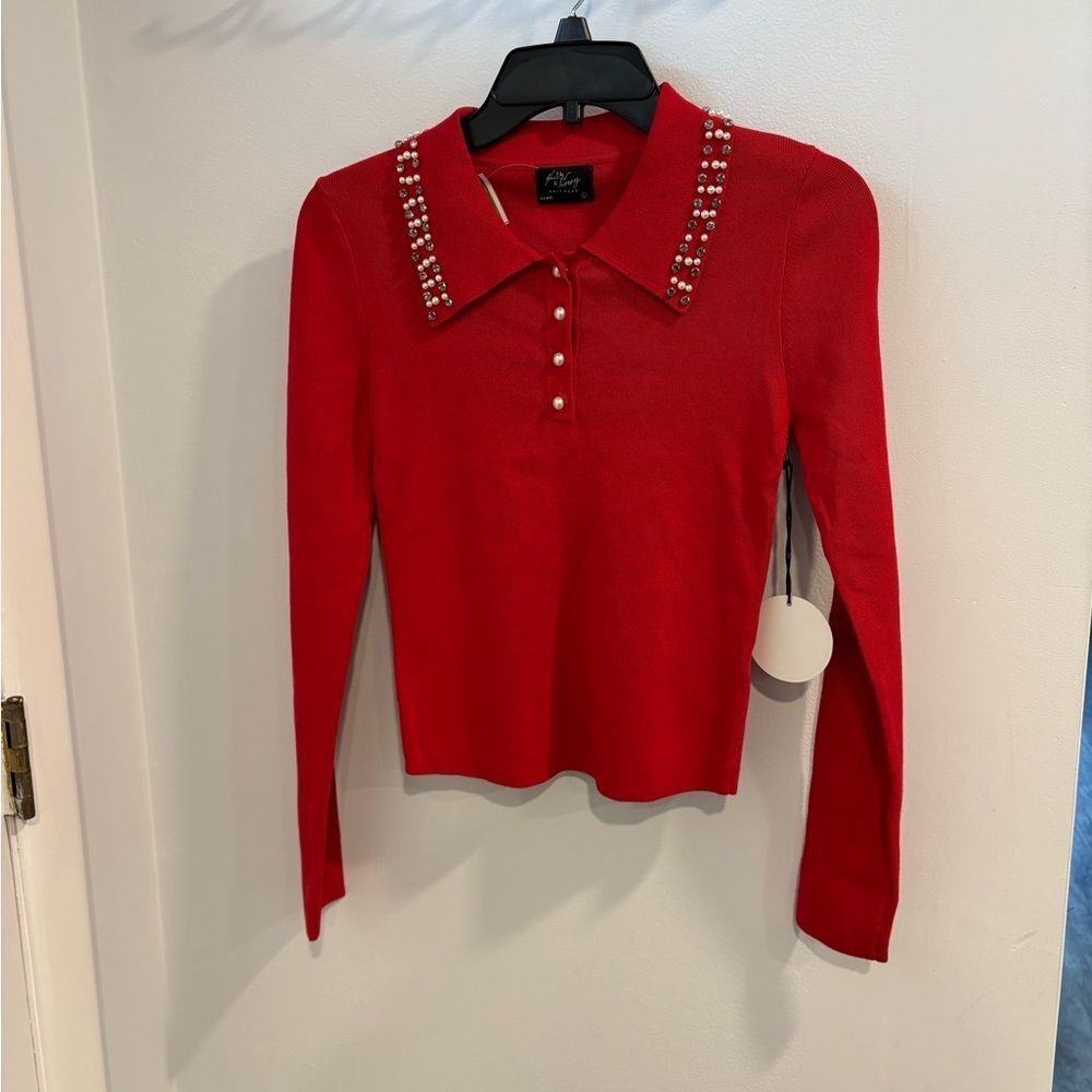 Elegant Red Women's Blouse with Pearl Details